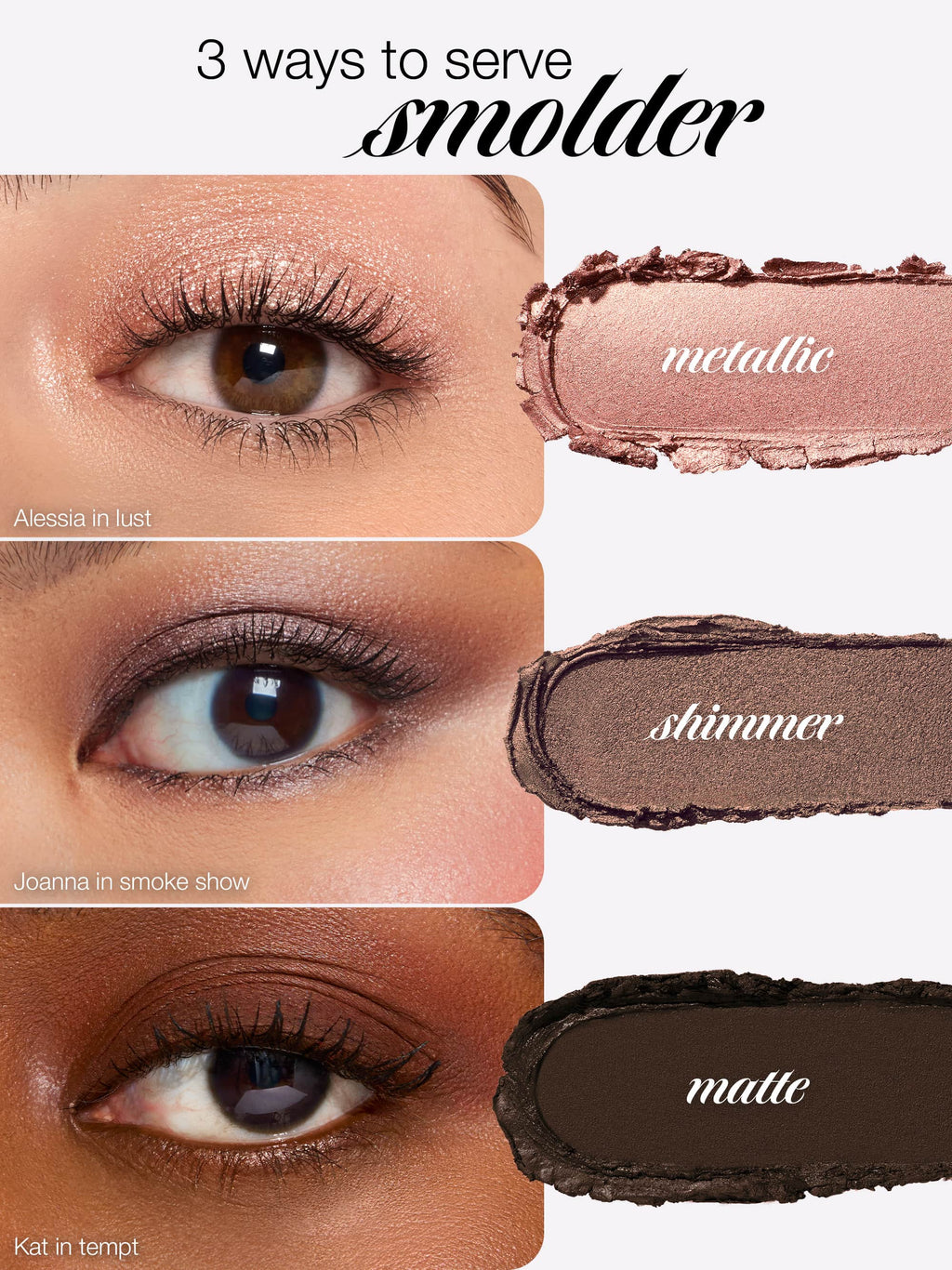 Collage of close-up shots of an eye with different makeup techniques labeled 'line', 'smudge', 'shadow', and 'smolder'.