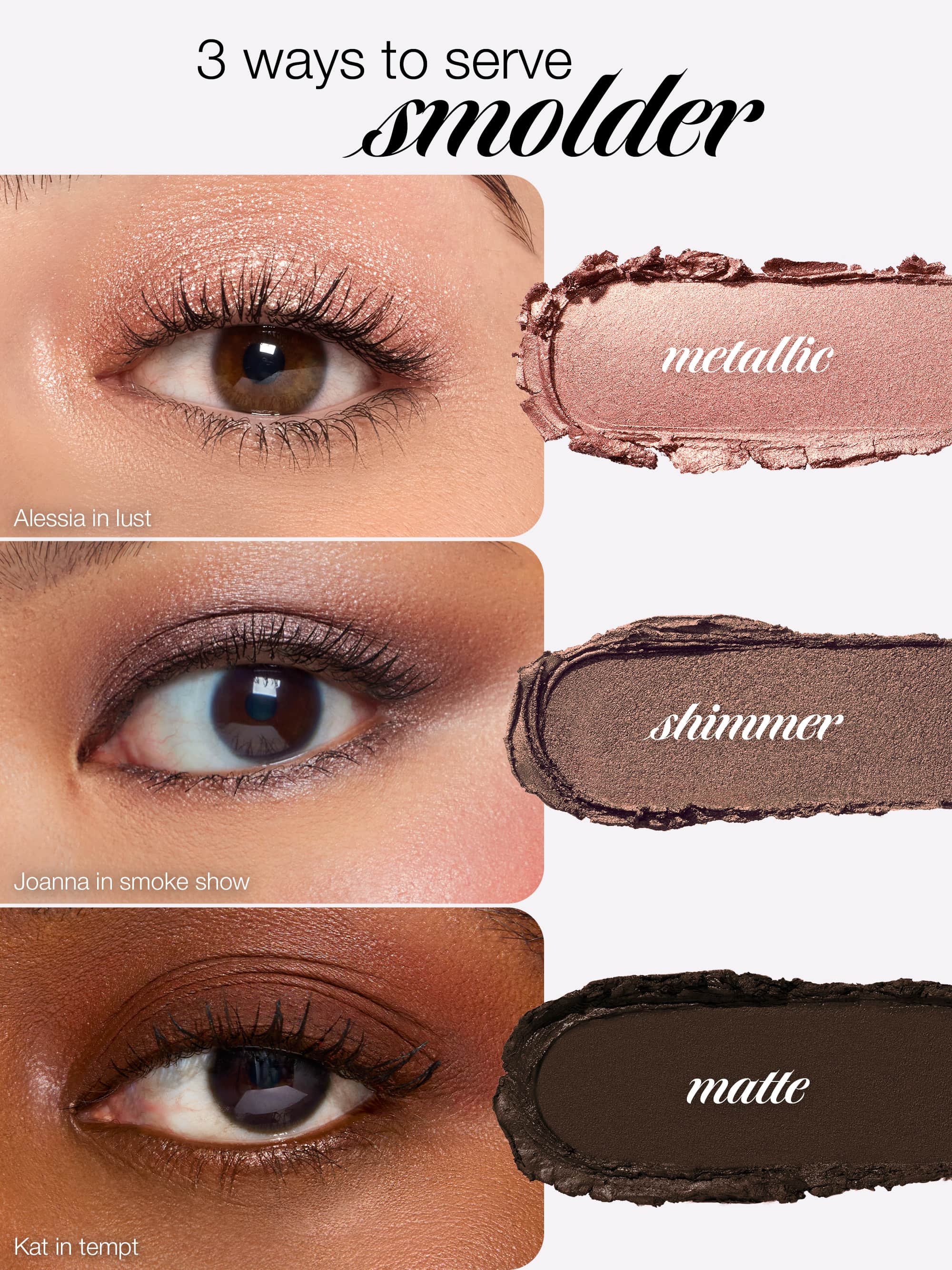 Collage of close-up shots of an eye with different makeup techniques labeled 'line', 'smudge', 'shadow', and 'smolder'.