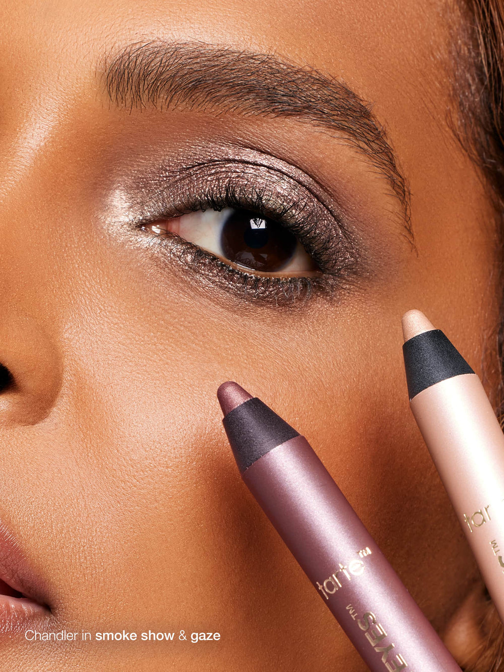 Row of makeup swatches with descriptive names on a white background