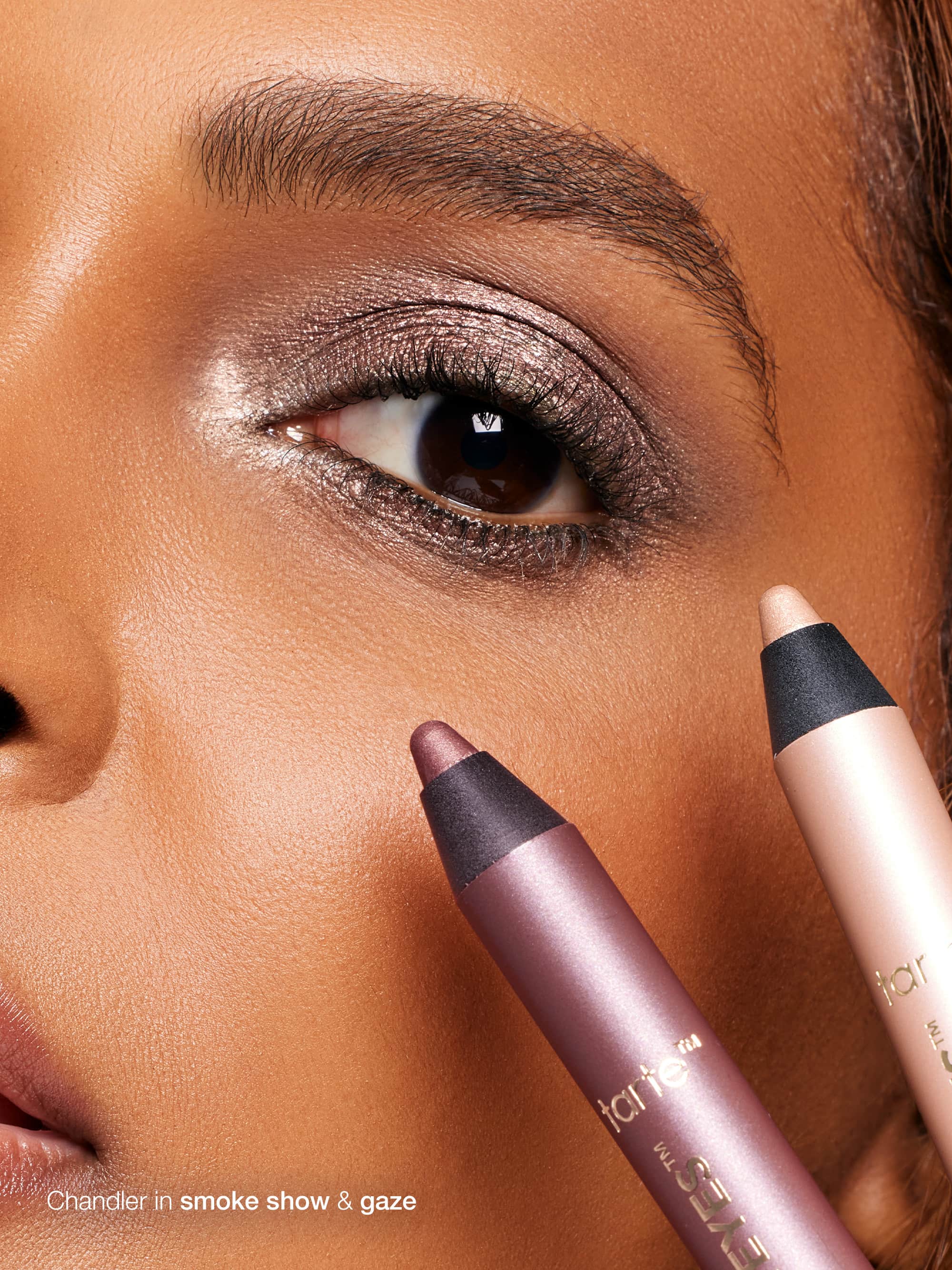 Row of makeup swatches with descriptive names on a white background