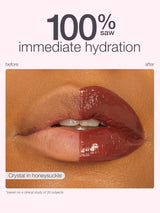 Lip color comparison with 'before' and 'after' text on a beige background