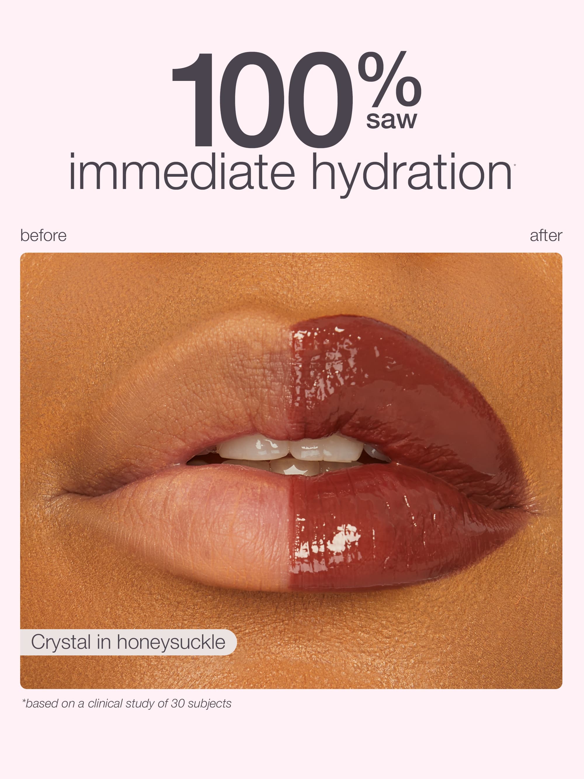 Lip color comparison with 'before' and 'after' text on a beige background