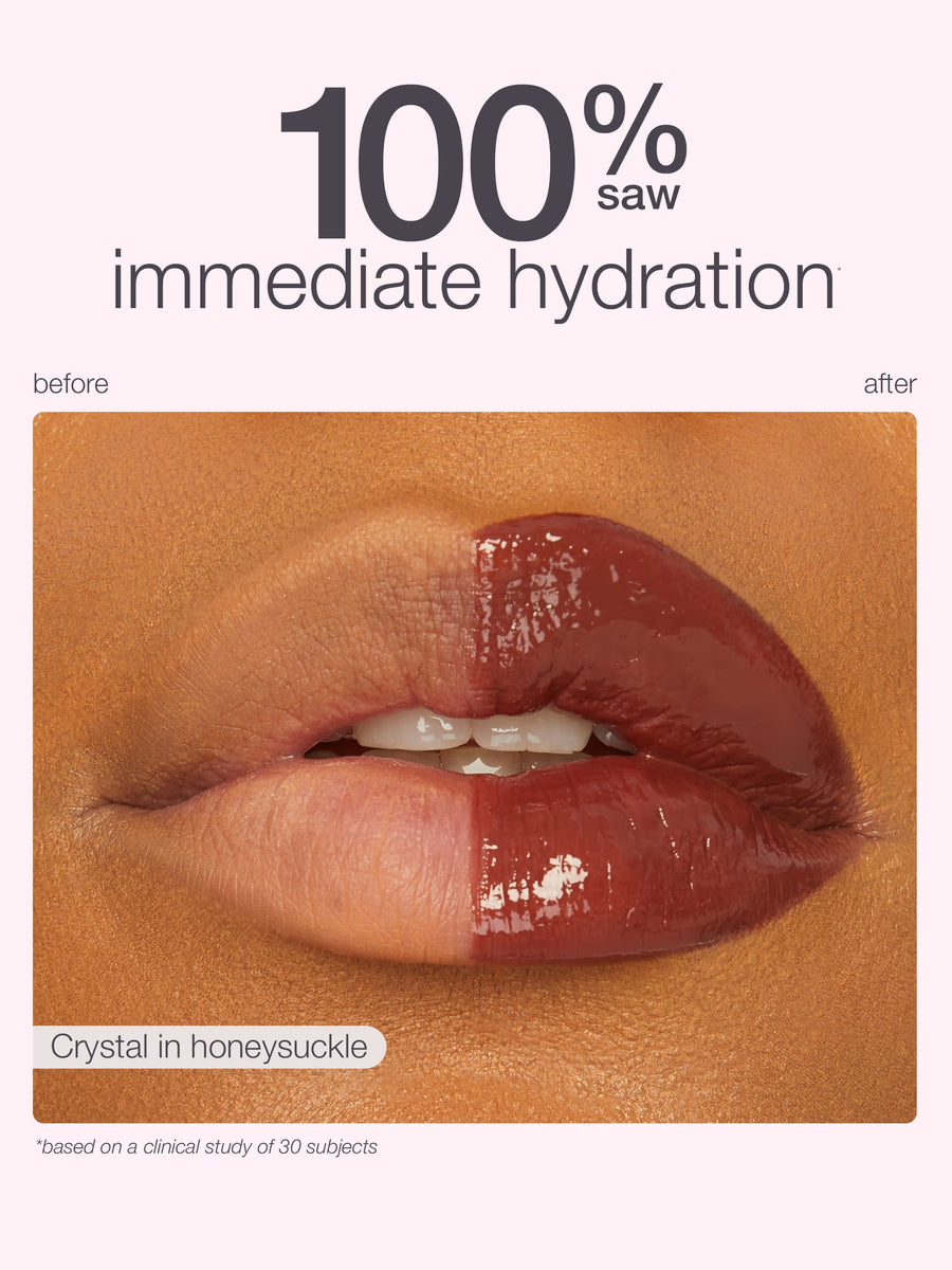 Lip color comparison with 'before' and 'after' text on a beige background