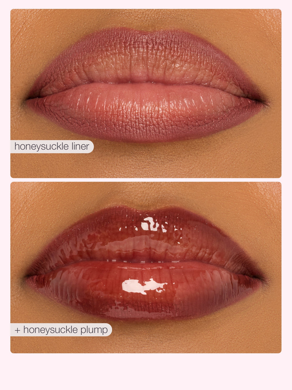 Two close-up images of lips with 'honeysuckle liner' and 'honesysuckle plump' text on a beige background.