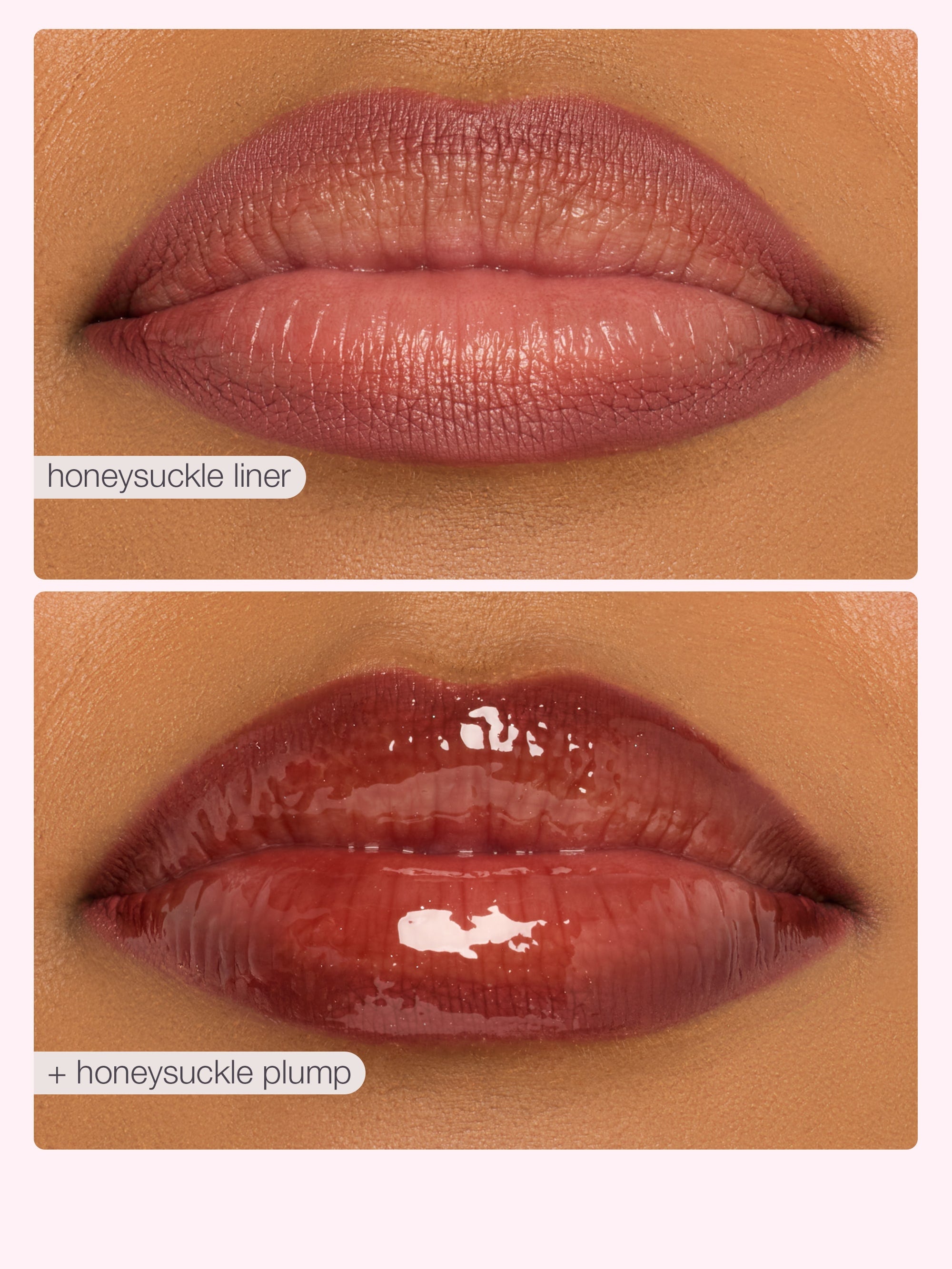 Two close-up images of lips with 'honeysuckle liner' and 'honesysuckle plump' text on a beige background.