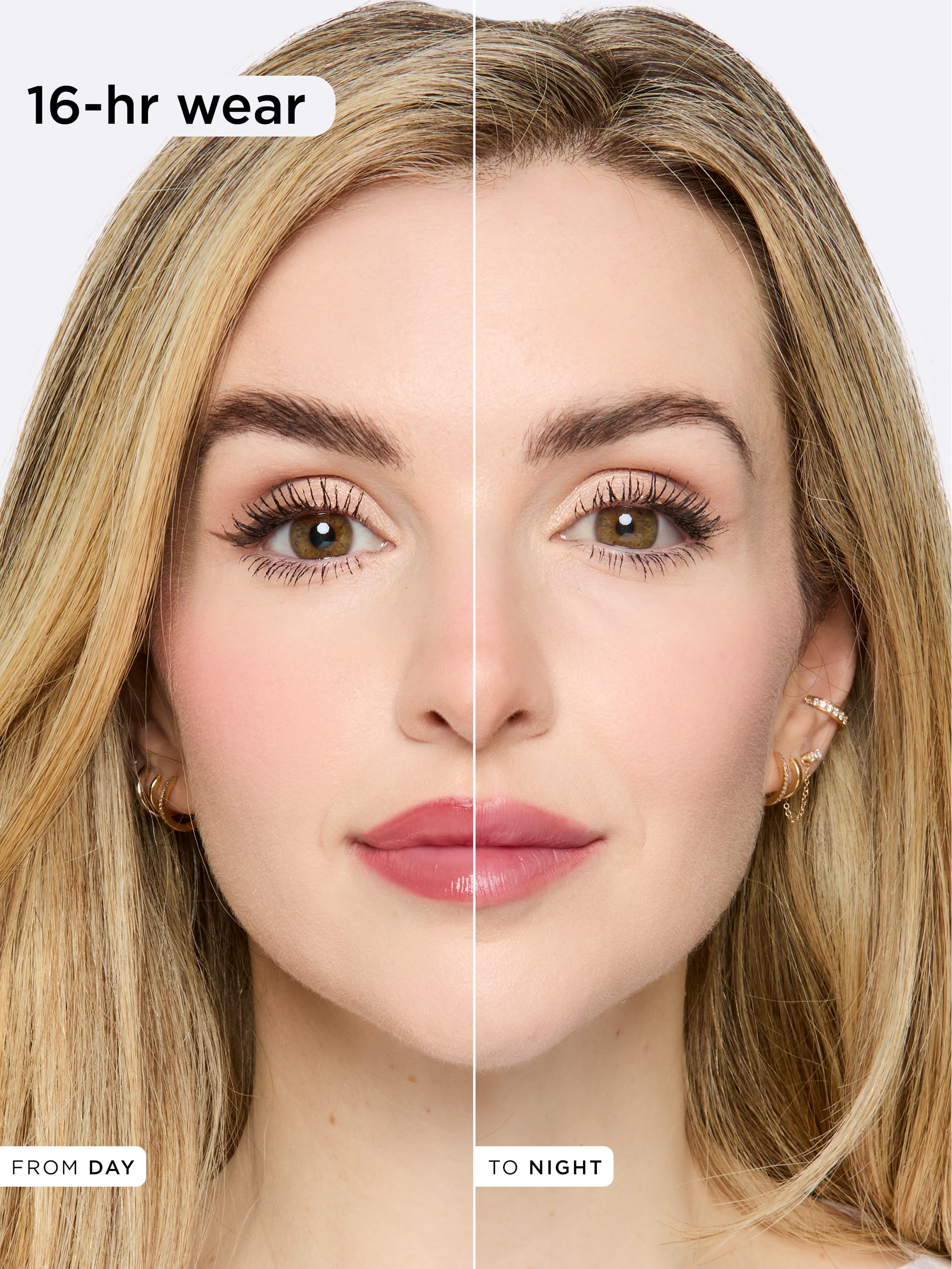 Before and after makeup comparison on a model with '16-hr wear' text.