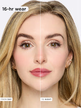 Before and after makeup comparison on a model with '16-hr wear' text.