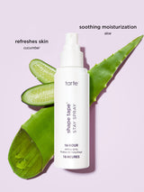 Tarte shape tape stay spray with cucumber and aloe vera on a light purple background