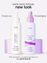 Two tarte shape tape stay spray bottles, one with a white label and the other with a purple label, on a white background.