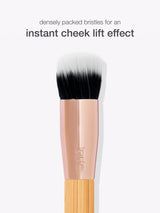 Makeup brush with black and white bristles on a white background