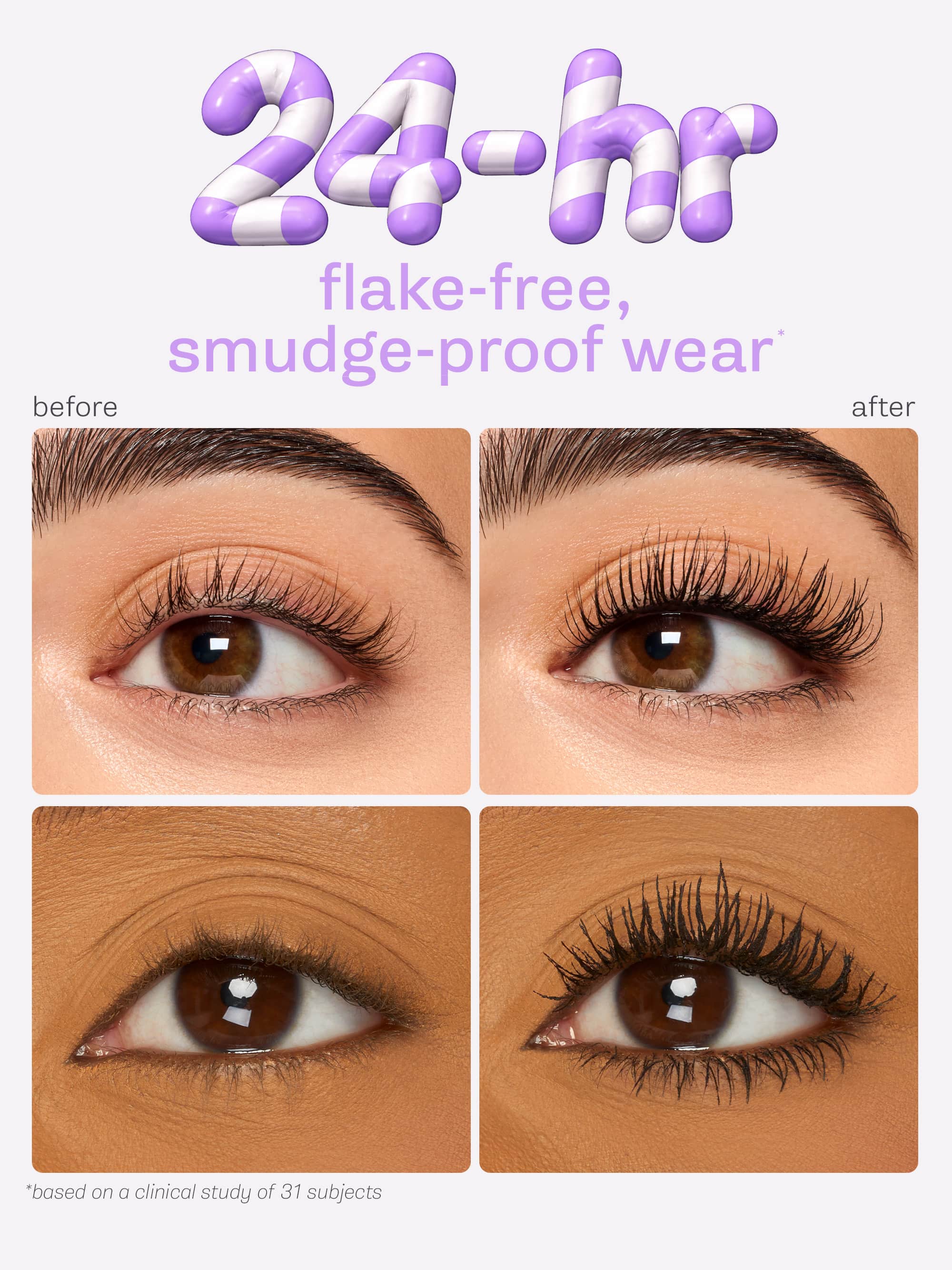Before and after comparison of tartelette tubing mascara wear with text '24-hour flake-free, smudge-proof wear'.