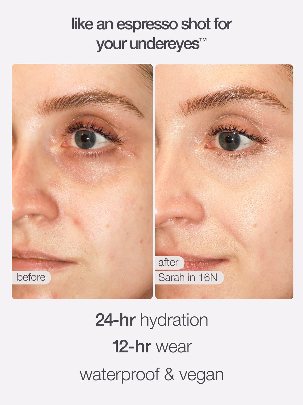 Before and after comparison of eye area with text highlighting tarte creaseless creamy concealer features.