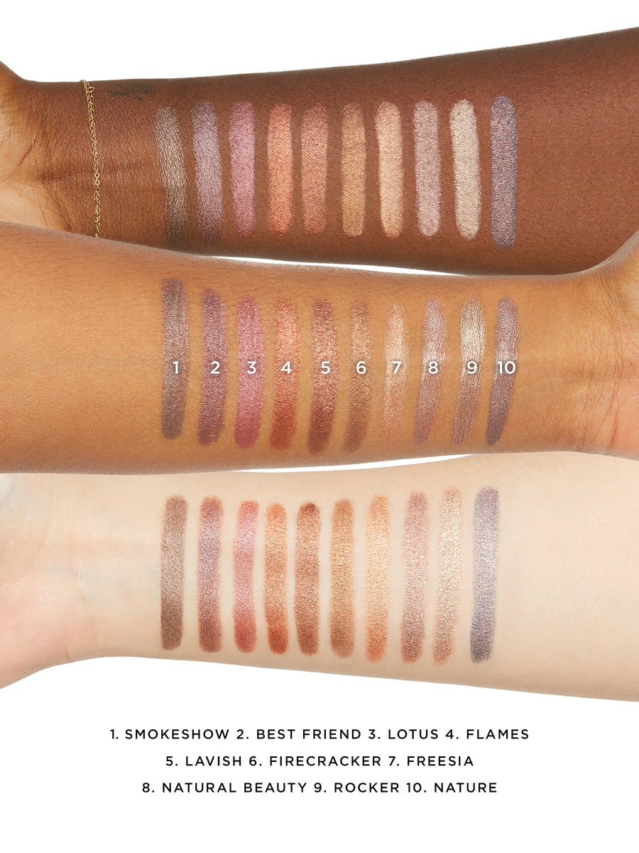 Color swatches on skin with labeled names of each shade