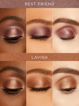 Eye makeup swatches labeled 'Best Friend' and 'Lavish' on a brown background.