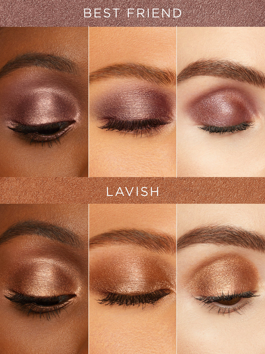 Eye makeup swatches labeled 'Best Friend' and 'Lavish' on a brown background.