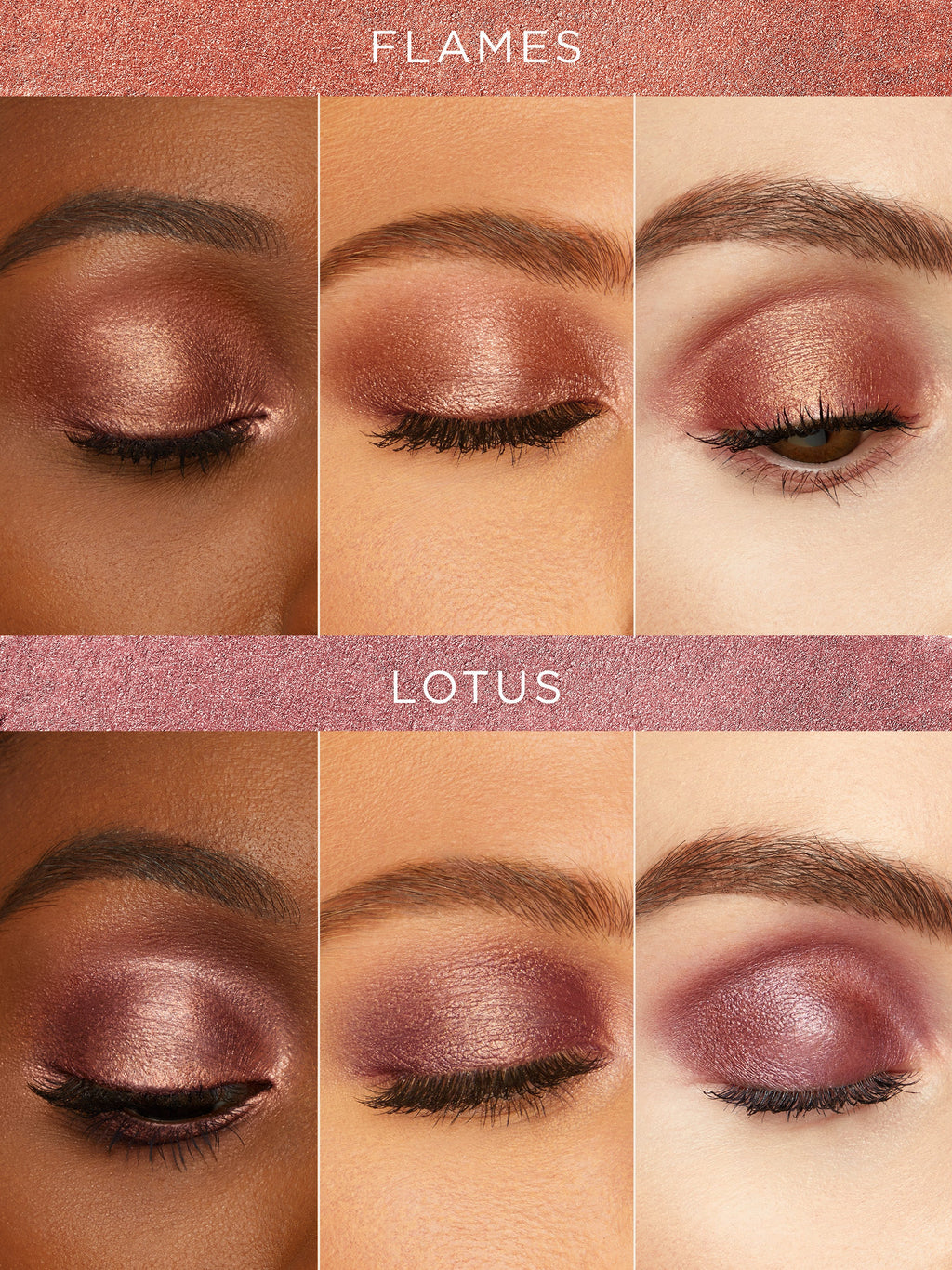 Eye makeup swatches labeled 'Flames' and 'Lotus' on a neutral background.