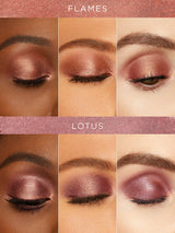Eye makeup swatches labeled 'Flames' and 'Lotus' on a neutral background.