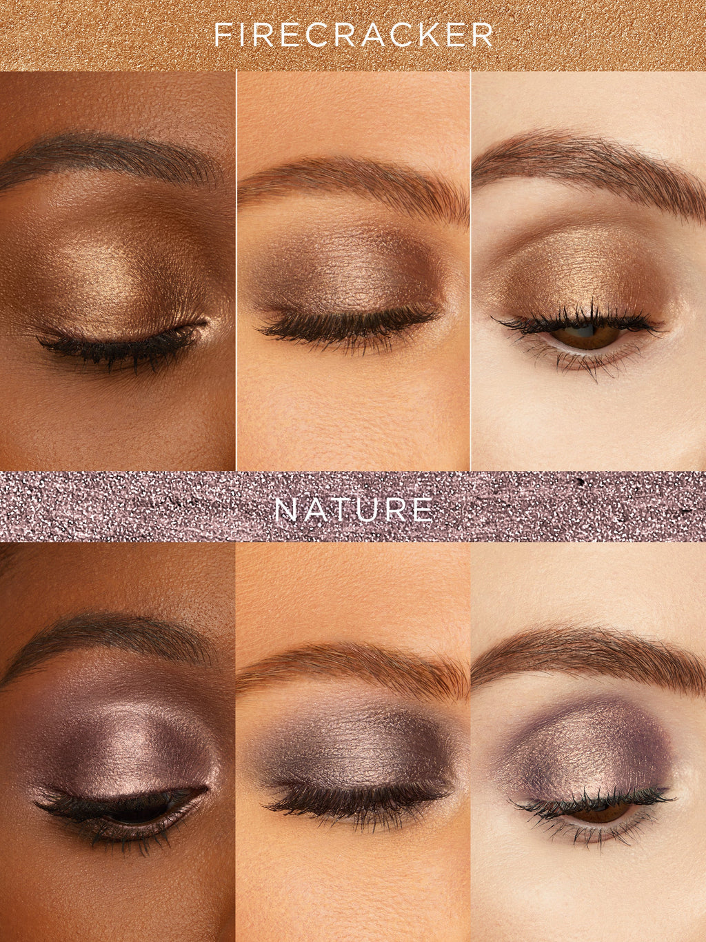 Eye makeup swatches labeled 'Firecracker' and 'Nature' on a brown background.