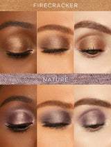 Eye makeup swatches labeled 'Firecracker' and 'Nature' on a brown background.