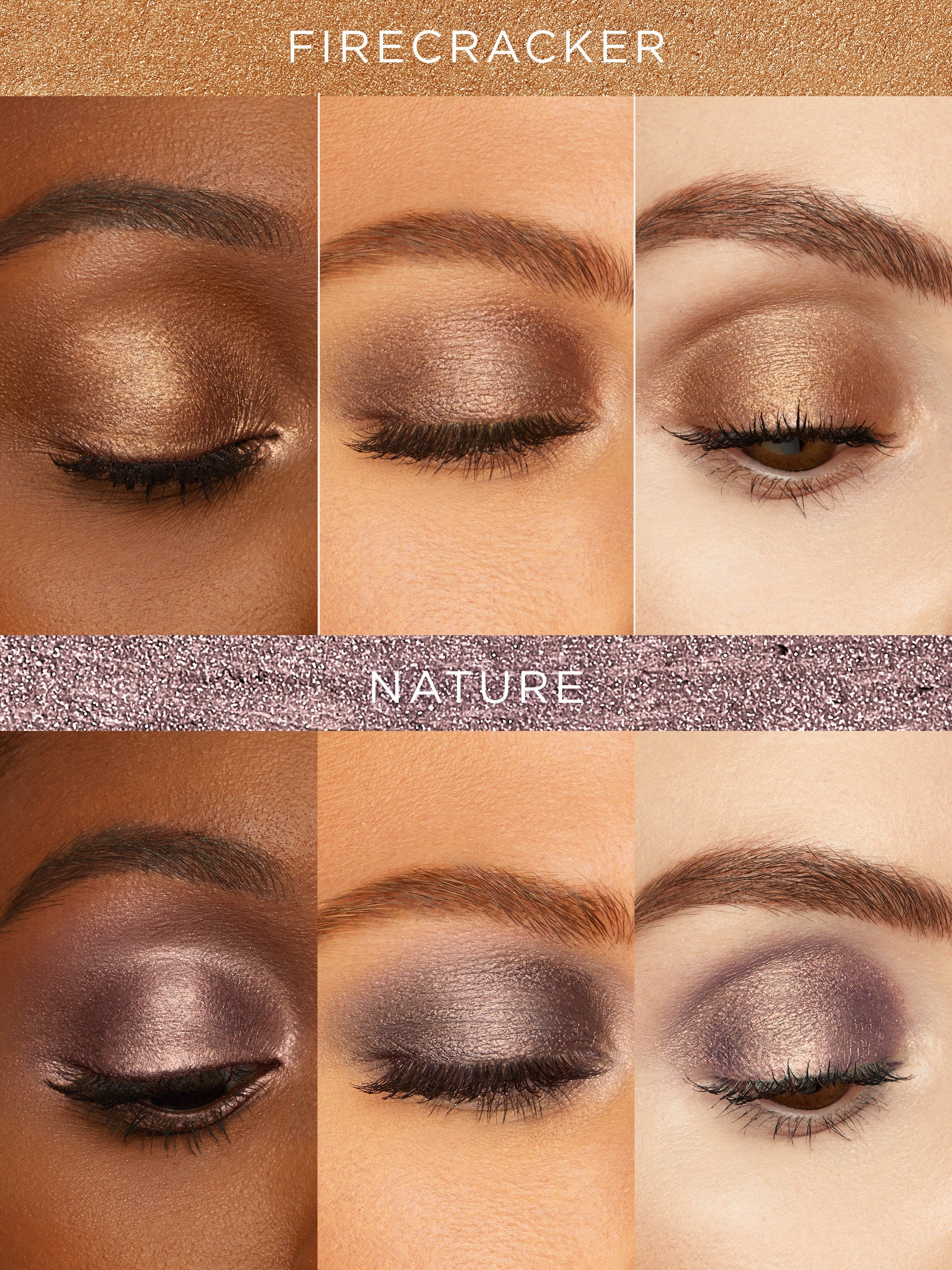 Eye makeup swatches labeled 'Firecracker' and 'Nature' on a brown background.