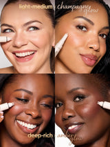 Four women with different skin tones using a cosmetic product on their faces. using tarte cosmetics freckle stick