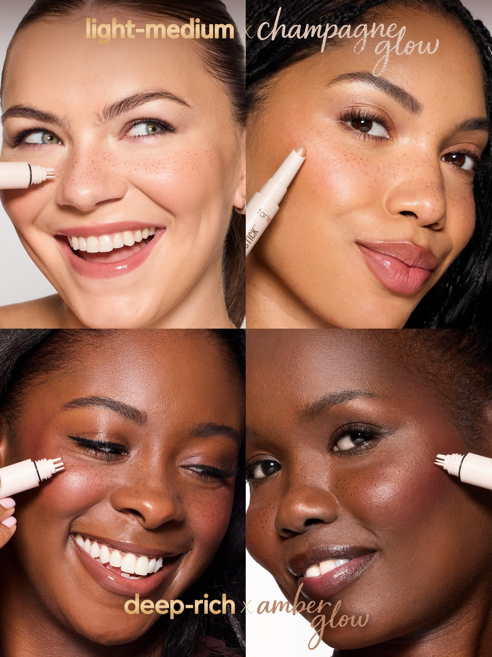 Four women with different skin tones using a cosmetic product on their faces. using tarte cosmetics freckle stick