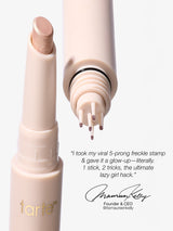 Two cosmetic products with a quote and Tarte logo on a white background. using tarte cosmetics freckle stick