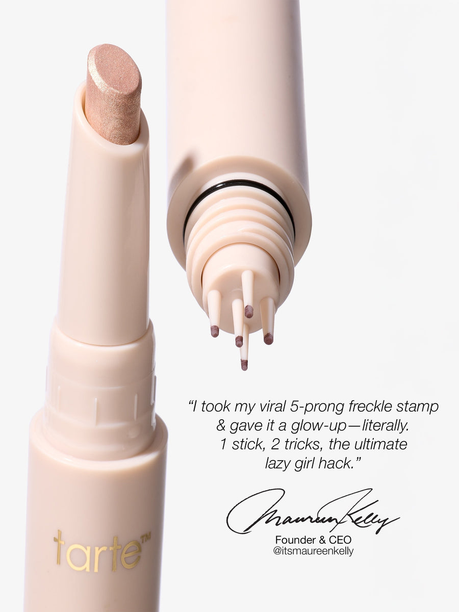 Two cosmetic products with a quote and Tarte logo on a white background. using tarte cosmetics freckle stick