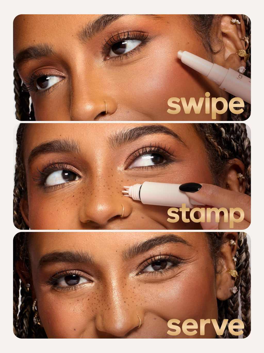 Three stages of applying makeup with a tool, labeled 'swipe', 'stamp', and 'serve'. using tarte cosmetics freckle stick