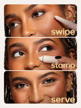 Three stages of applying makeup with a tool, labeled 'swipe', 'stamp', and 'serve'. using tarte cosmetics freckle stick