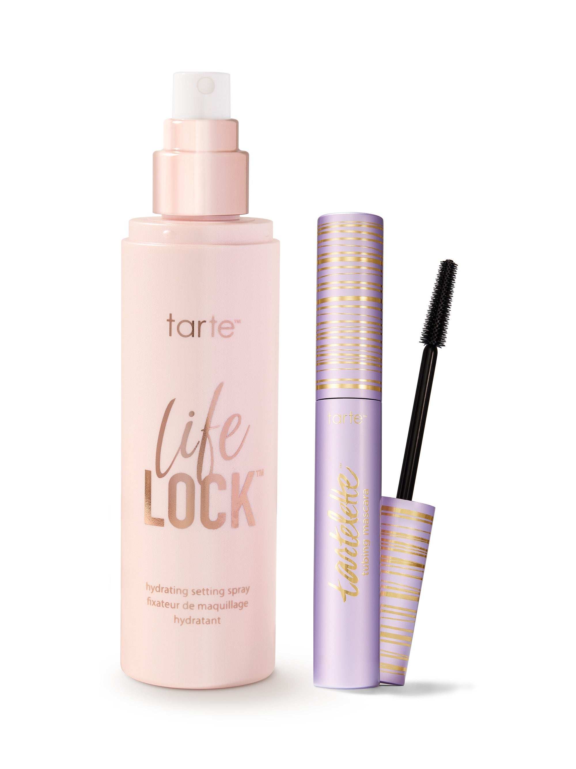 Tarte 'Life Lock' setting spray and mascara on a white background