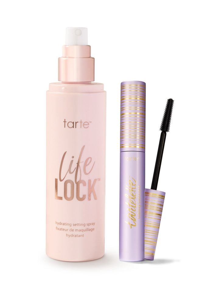 Tarte 'Life Lock' setting spray and mascara on a white background