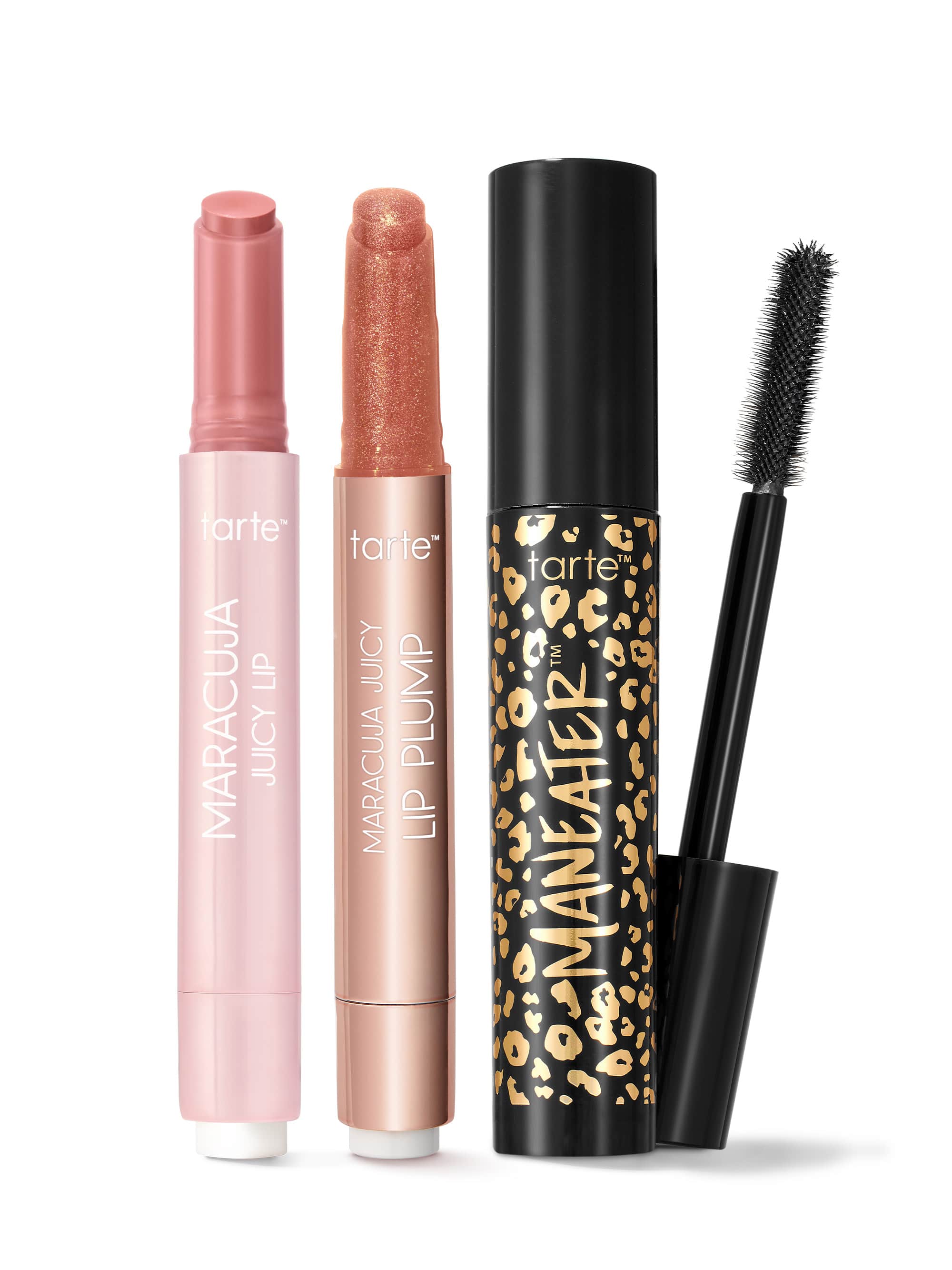 Tarte lip products including maracuja juicy lip, maracuja juicy lip plump, and maneater mascara