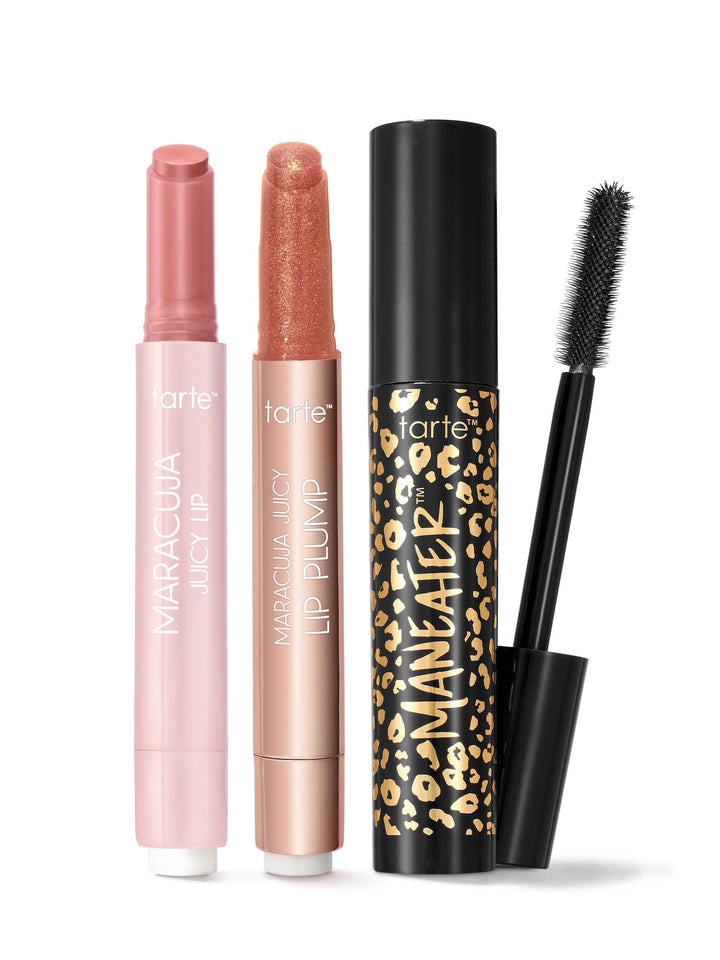 Tarte lip products including maracuja juicy lip, maracuja juicy lip plump, and maneater mascara