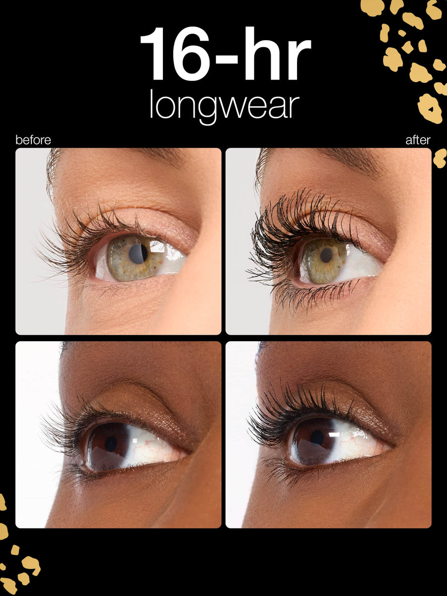 Before and after comparison of eyelashes with tarte maneater mascara '16-hr longwear' text on a black background.