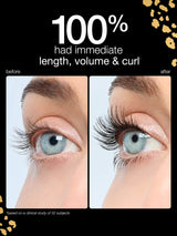 Before and after comparison of eyelashes with text indicating immediate length, volume, and curl with maneater mascara