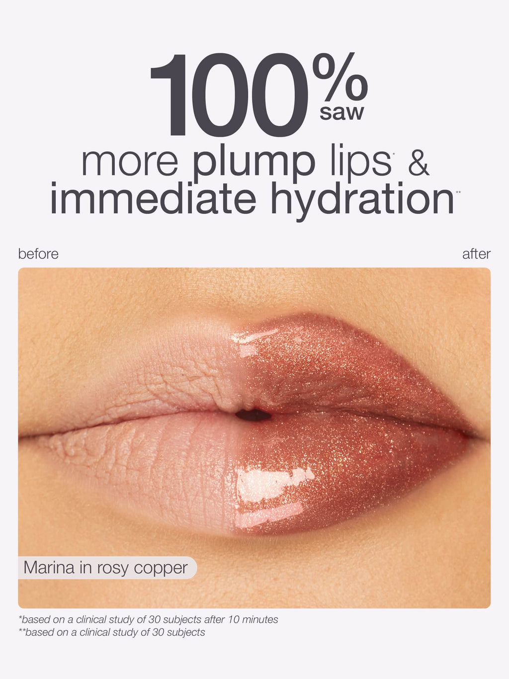 Advertisement for maracuja juicy lip duo showing 'before' and 'after' effects with text about plump lips and hydration.