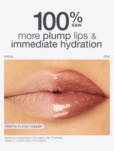Advertisement for maracuja juicy lip duo showing 'before' and 'after' effects with text about plump lips and hydration.