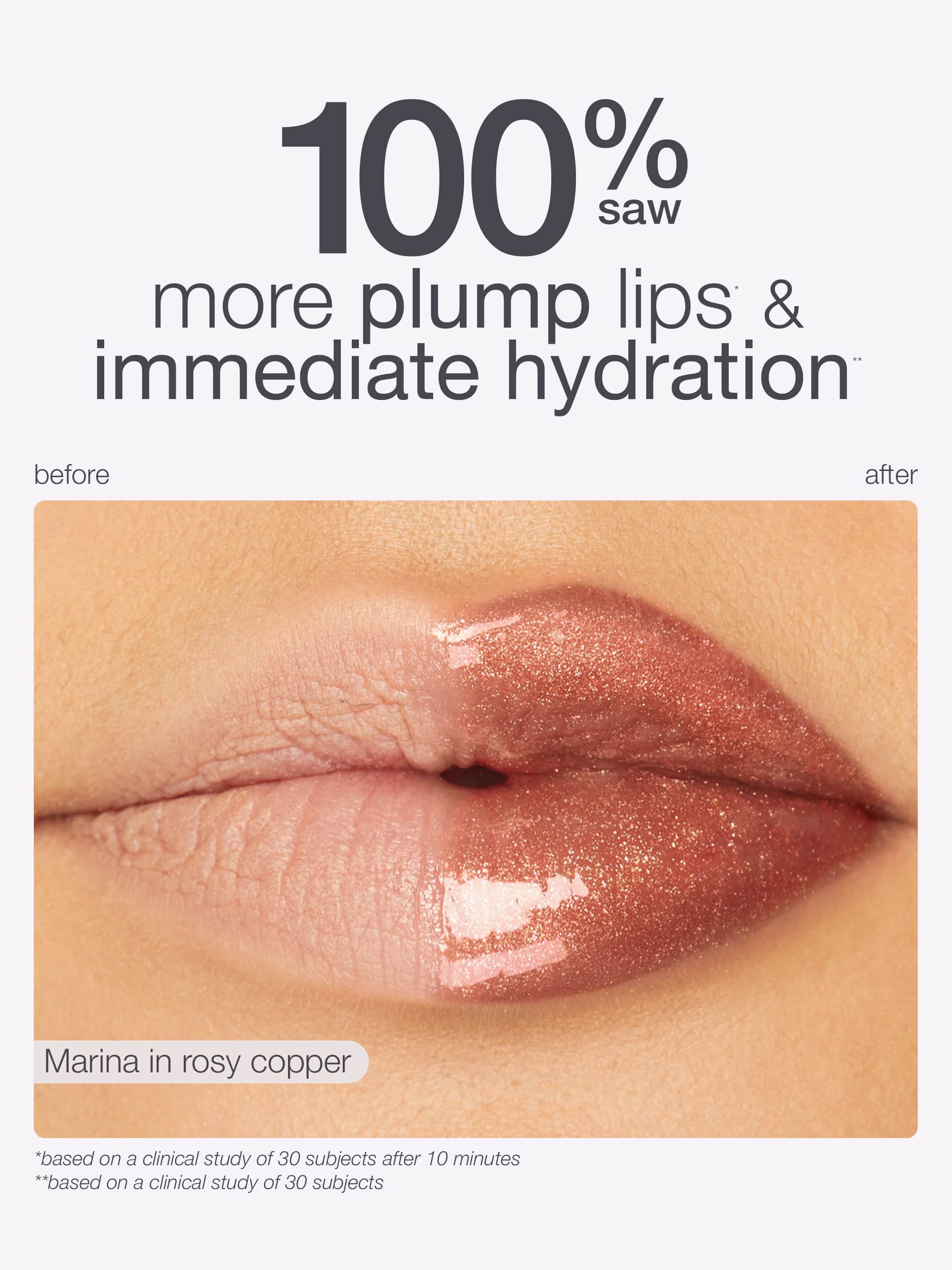 Advertisement for maracuja juicy lip duo showing 'before' and 'after' effects with text about plump lips and hydration.