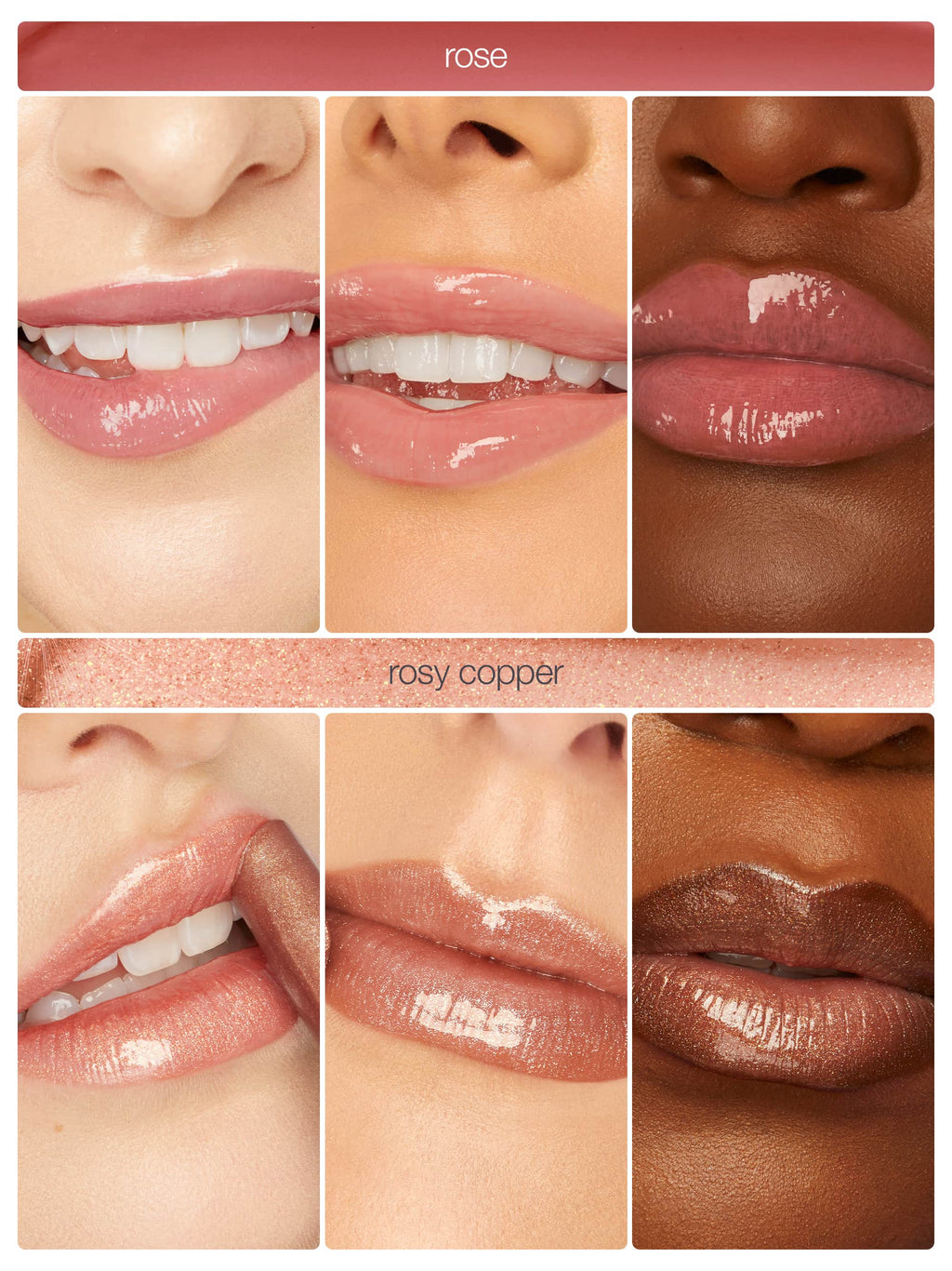 Collage of lips wearing different shades of maracuja juicy lip labeled 'rose' and 'rosy copper'.