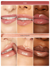 Collage of lips wearing different shades of maracuja juicy lip labeled 'rose' and 'rosy copper'.