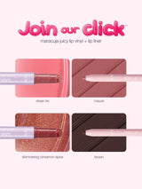 maracuja juicy lip vinyl & lip liner duo packaging with color swatches and 'Join our click' text on a white background