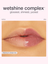 maracuja juicy lip vinyl & lip liner duo comparison before and after application on a beige background with 'wetshine complex' text.