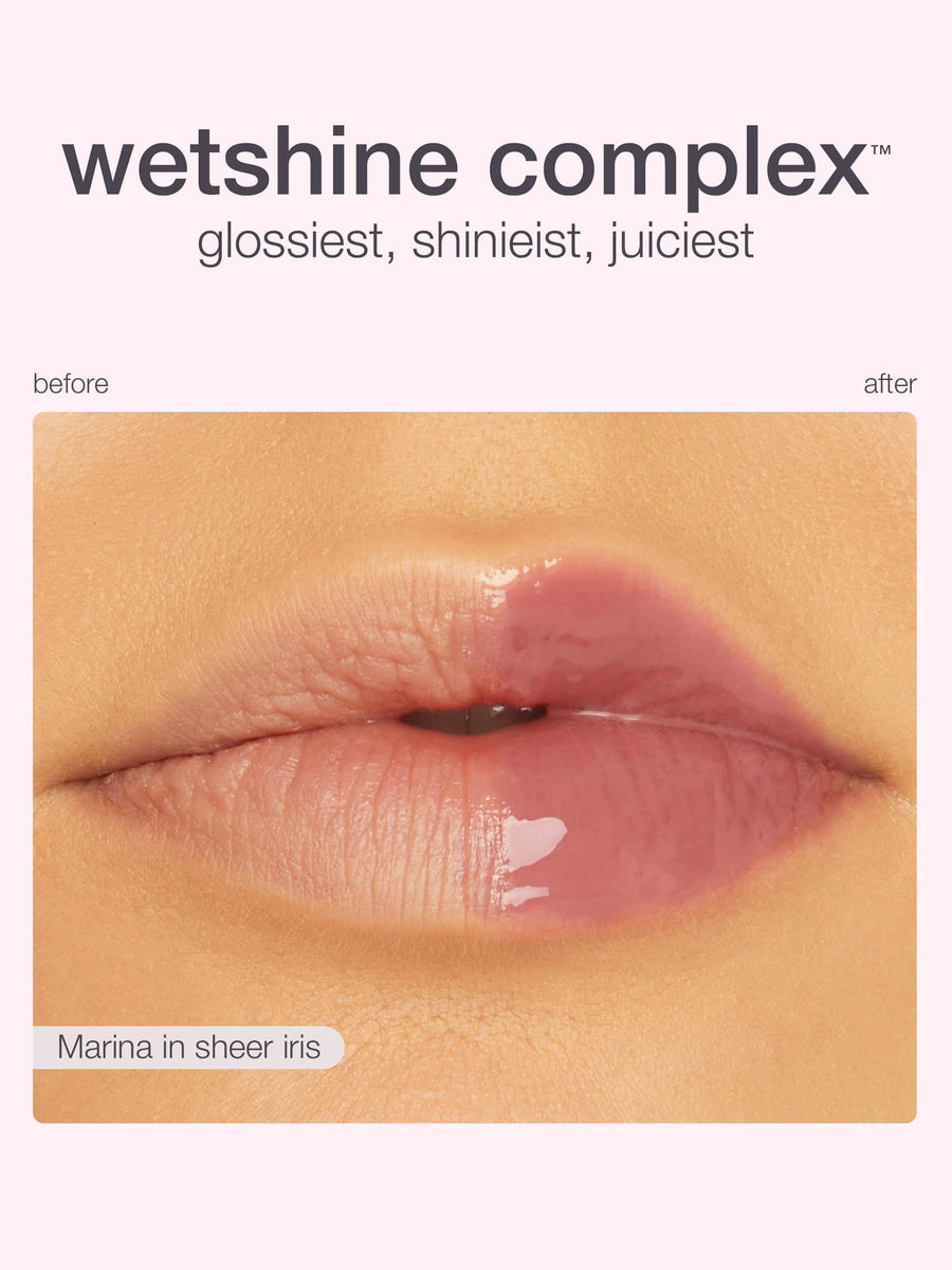 maracuja juicy lip vinyl & lip liner duo comparison before and after application on a beige background with 'wetshine complex' text.
