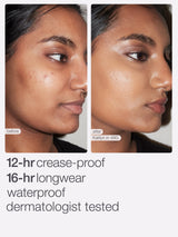 Before and after comparison of a cosmetic product application on a person's face.