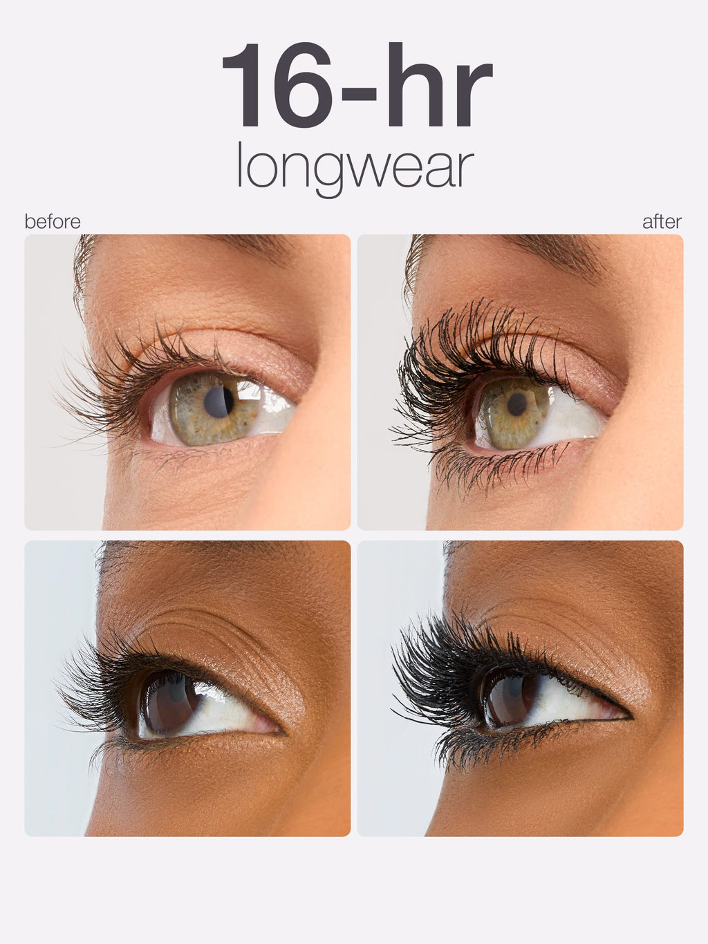 Before and after comparison of eyelashes with '16-hr longwear' text.