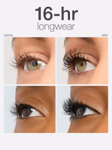 Before and after comparison of eyelashes with '16-hr longwear' text.