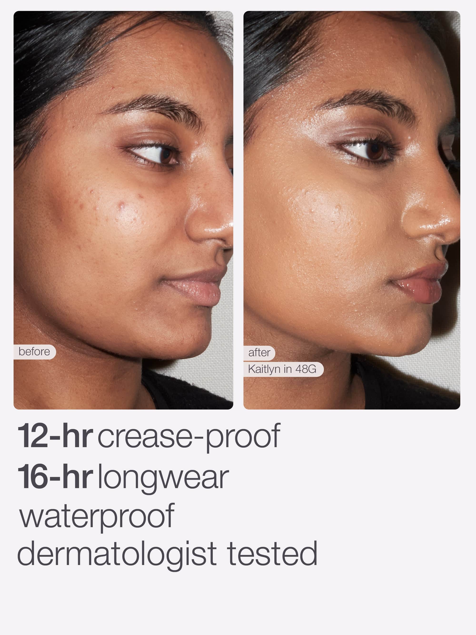 Before and after comparison of a woman's face with tarte shape tape concealer