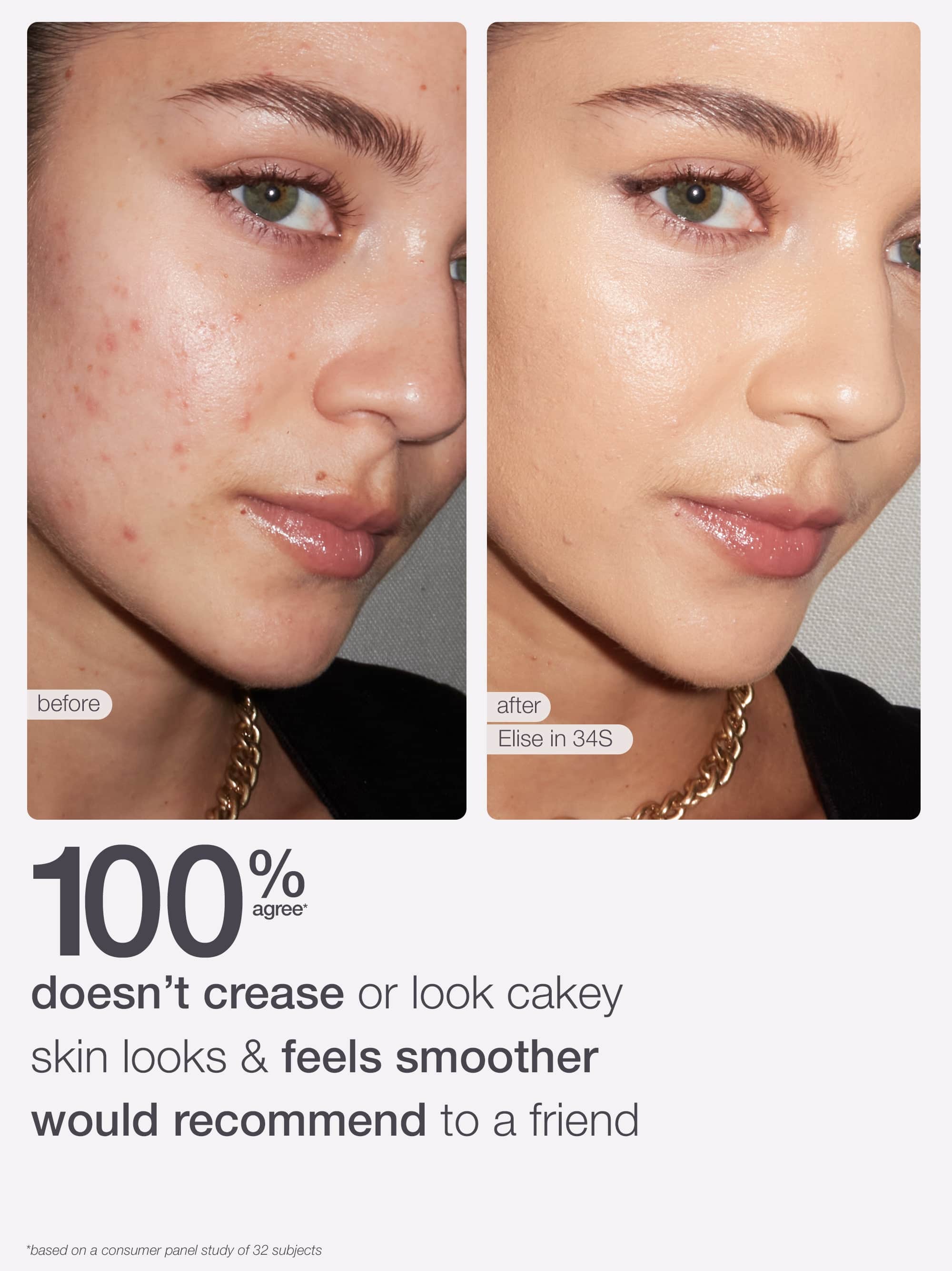 Before and after comparison of a woman's face showing smooth skin  using tarte shape tape concealer 
