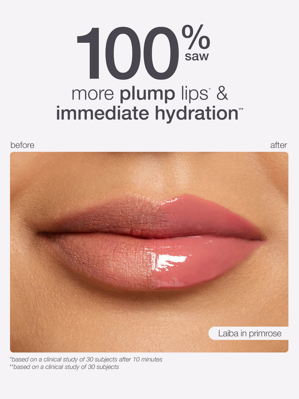 maracuja juicy lip plump advertisement showing a close-up of lips with '100% saw' text claiming plump lips and immediate hydration.